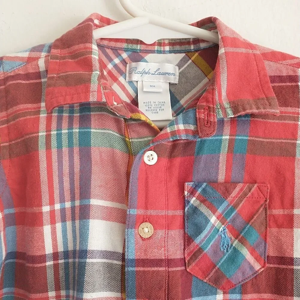 Ralph Lauren Overall Onepiece Baby Boy 9M Plaid Striped Cotton Button Logo 2xLot